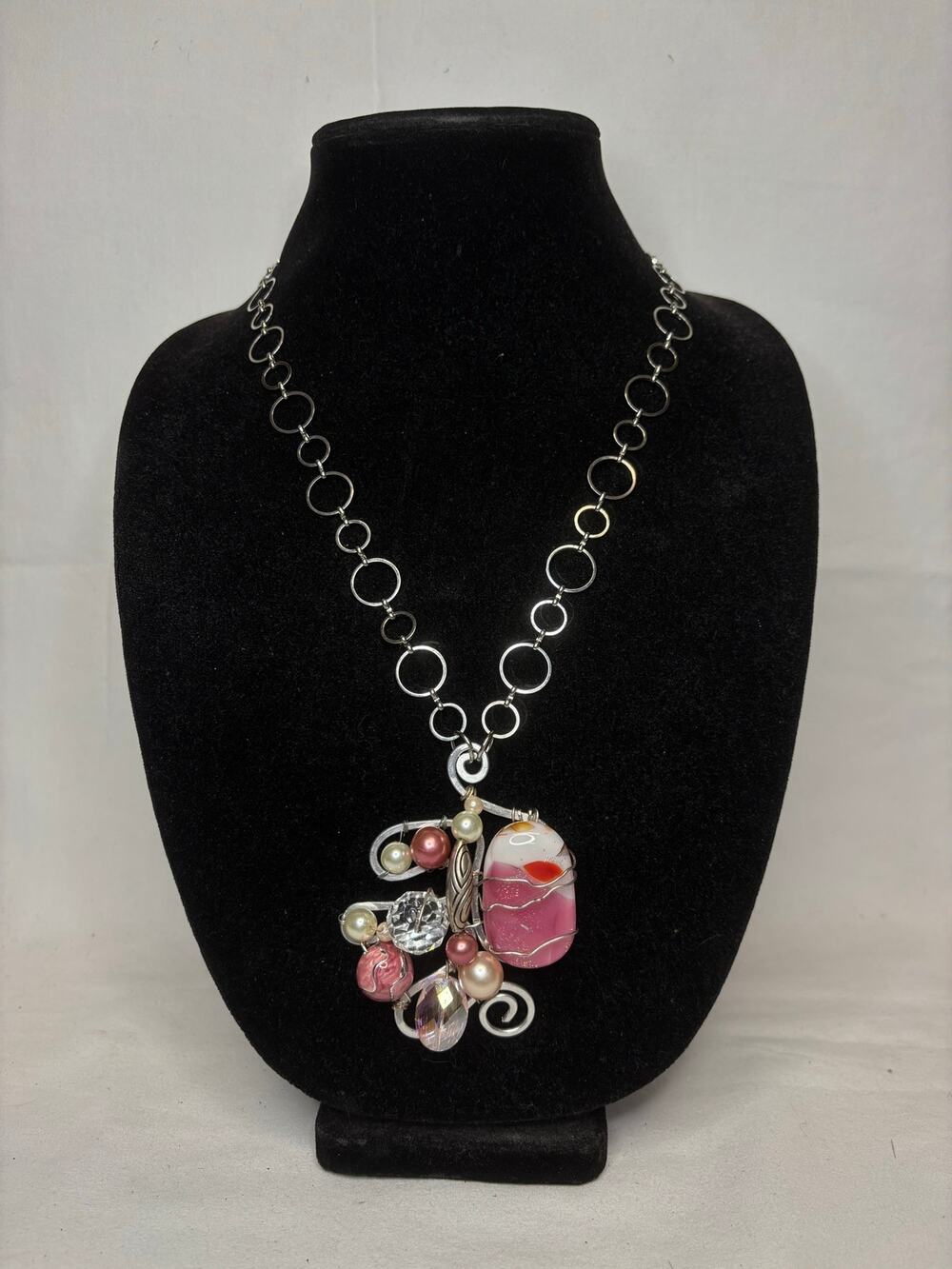 Sterling Dichronic Glass, Pearl, & Crystal Pendant on 24in Chain #6175